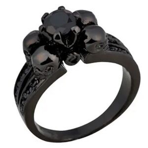 Unisex 4 Skull Design Black Zircon Wedding Ring Black Gold Party Jewelry Size 7